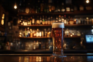 Glass of Beer in Cozy Pub with Warm Lighting and Shelves of Bottles