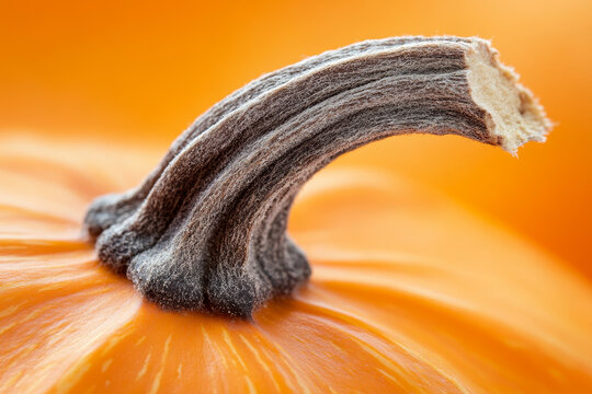 A detailed macro shot of a pumpkin stem, showing the texture and ridges, with the orange skin of the pumpkin fading into the background, capturing the essence of autumn