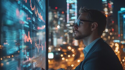 A focused businessman analyzing data and statistics on a digital screen overlooking a city skyline at night.