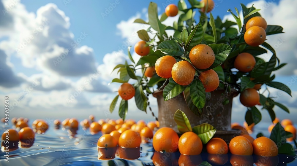 Sticker a potted orange tree with small fruits