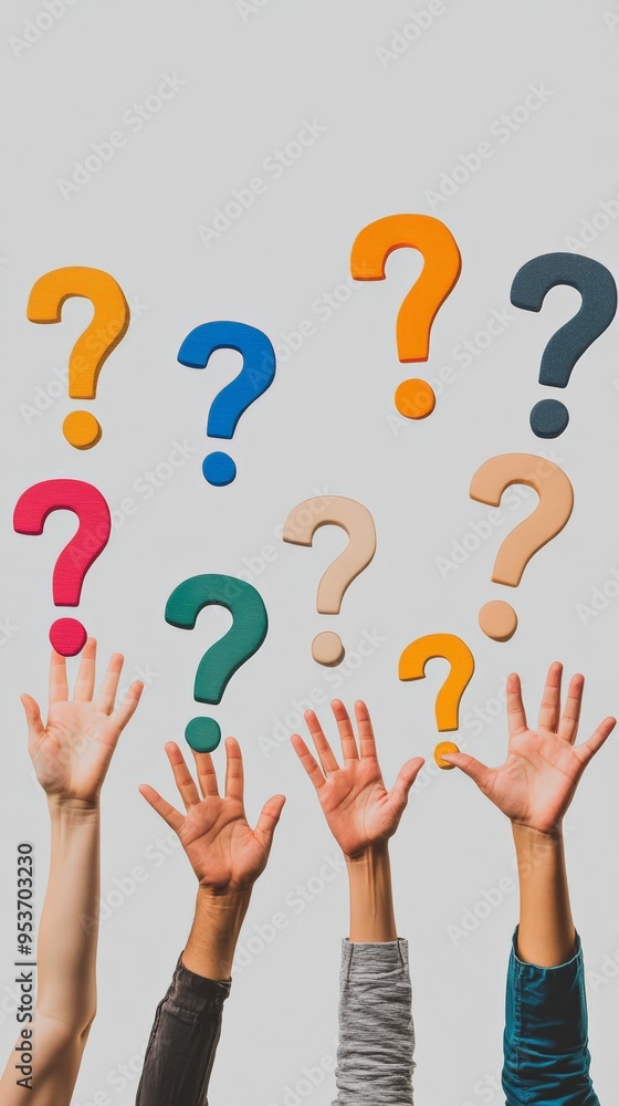 Poster hands reaching for colorful question marks representing inquiry, diversity, and curiosity.