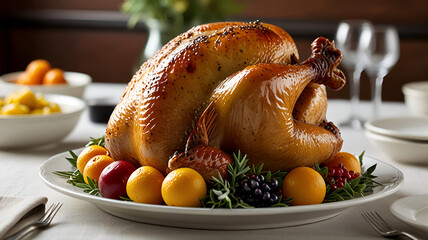 Thanksgiving Turkey dinner table. Ai generative