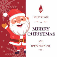 Christmas Santa Claus greeting card vector template design. Merry Christmas and Happy New Year greeting with cute Santa Claus characters, on red background,snowflakes, fir tree and congratulation 