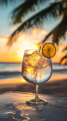 Tropical Gin and Tonic with Lime at Sunset on a Beach