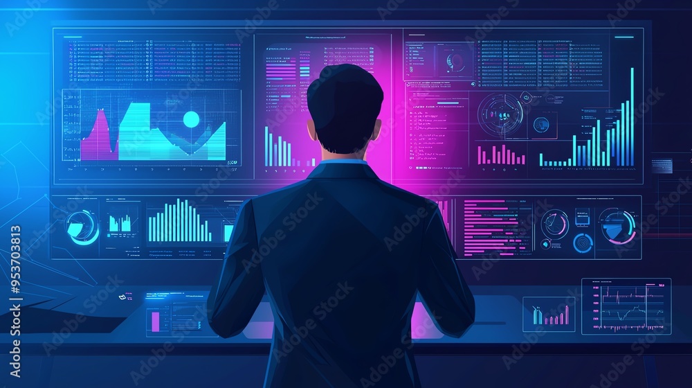 Aufkleber a businessman analyzing data at high-tech screens showcasing graphs and statistics, perfect for busi
