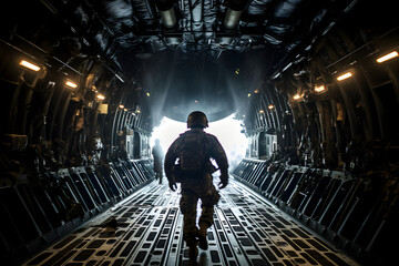 Obraz premium parachute unit jumping out of the back of a plane, military parachute jumper, military