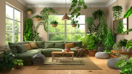 Fototapeta premium A boho-style living room with wooden flooring