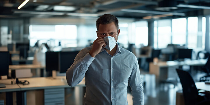 Man adjusting mask in a formal shirt, office with spaced desks, health protocols emphasized