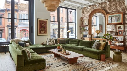 living room with green sofas, plants