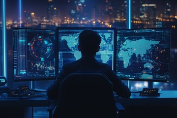 Obraz premium The HighTech Control Center, which offers a stunning view of a modern cityscape, is an advanced facility that serves various purposes related to analytics, strategic communication, and surveillance