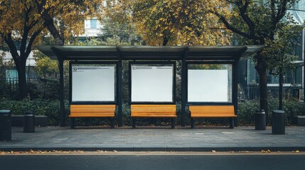 Obraz premium Bus stop with empty advertising banner and benches placed on city street. Mockup banner
