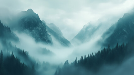 A mystical mountain landscape enveloped in thick fog, with towering peaks emerging through the mist.