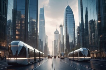 Fototapeta premium futuristic city public transport with fast high speed trains, trams, skyscrapers, in sleek style, gray color palette
