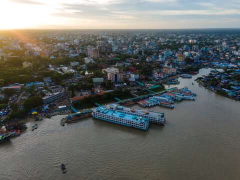 Aerial View of Barishal City and Launch Terminal, Bangladesh. Barishal Cityscape