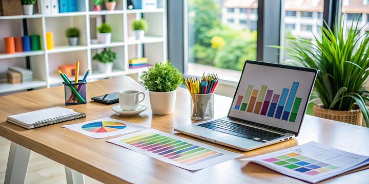 A clean and organized workspace with colorful product sheets, pens, and a laptop, showcasing a sales strategy,