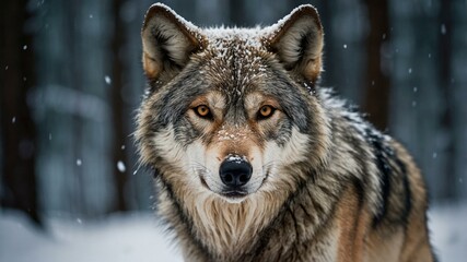Obraz premium A wolf with a focused gaze stands in a snowy forest, showcasing its thick fur and pristine surroundings.