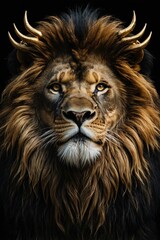 Fototapeta premium A regal lion with a golden mane and mysterious horns, representing mythical strength and enigmatic beauty.