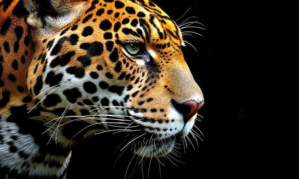 Profile of a majestic jaguar against a stark black background