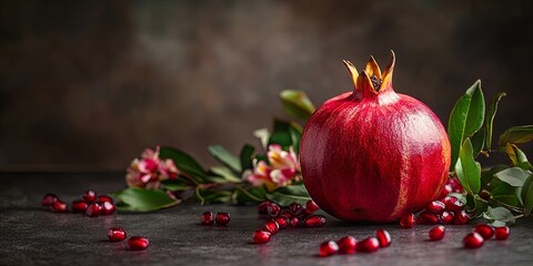 A single, ripe pomegranate with scattered seeds and green leaves on a dark grey surface.