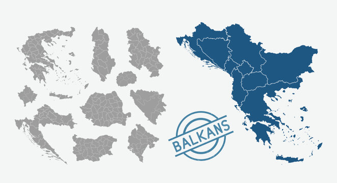 Balkans map. Croatia, Serbia, Bulgaria, Montenegro, Greece, Albania maps with regions. Balkans map isolated on white background. High detailed. Vector illustration	