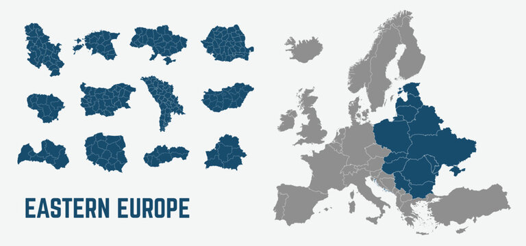 Eastern Europe map. Poland, Ukraine,  Belarus, Romania, Bulgaria, Baltics states maps with regions. Europe map isolated on white background. High detailed. Vector illustration	