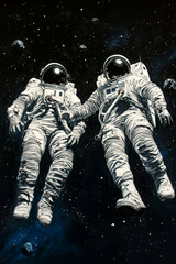 Fototapeta premium Two astronauts lost floating in space illustration. 