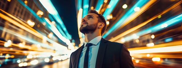 A businessman standing in the city at night, surrounded by light trails from passing cars