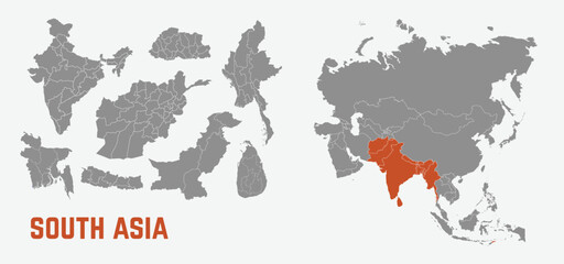 Fototapeta premium South Asia map. India, Afghanistan,Nepal, Bhutan, Myanmar, Bangladesh, Pakistan maps with regions. Asia map isolated on white background. High detailed. Vector illustration 