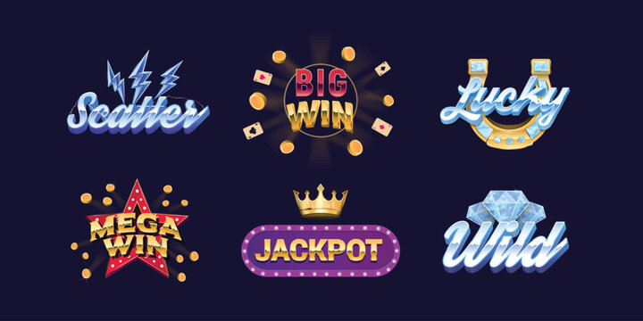 6 Slots signs templates. Scatter, Wild, Jackpot. Print for t-shirt, banner, poster, cover, badge and label. Retro 80's casino, slots design. Vector illustration