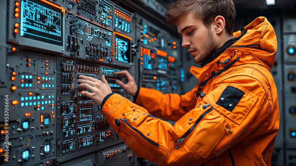 Poster a focused engineer in an orange jacket operates complex machinery in a high-tech control room, showc