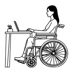 Woman working on laptop in wheelchair.