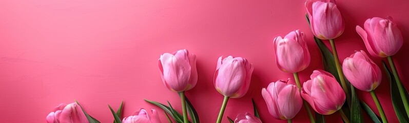Obraz premium Many pink tulips on a pink background, banner, plant background, copy space