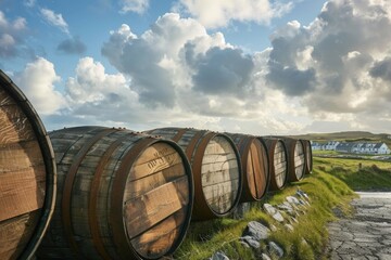 Obraz premium Scotch whisky barrels lined up seaside on the Island of Islay Scotland UK