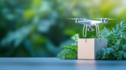 A modern drone delivering a package in a lush green environment, symbolizing innovation in delivery technology and nature.