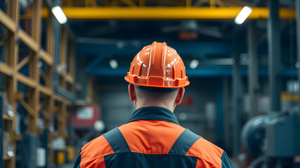 Back view of Engineer wearing hardhat standing in industrial factory. Generative AI