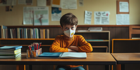 Young boy with a mask sitting at a desk in a socially distanced classroom, pandemic theme
