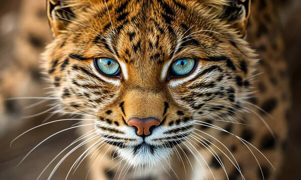 Detailed close-up of an ocelot with captivating blue eyes