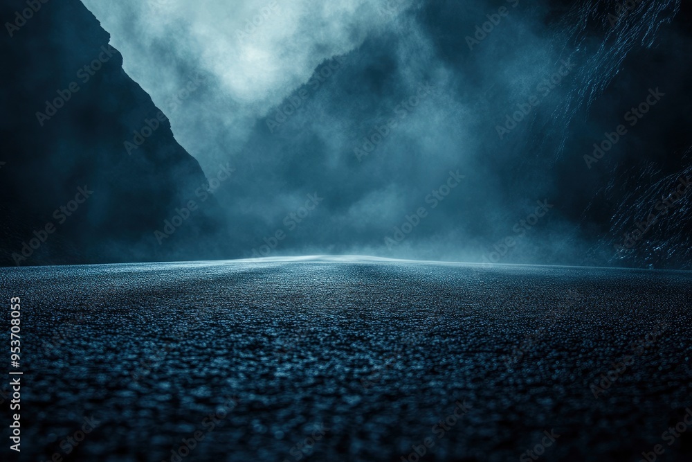 Wall mural Dark street, asphalt abstract dark blue background, empty dark mountain range scene, with smoke mist cold white float up for display products with generative ai