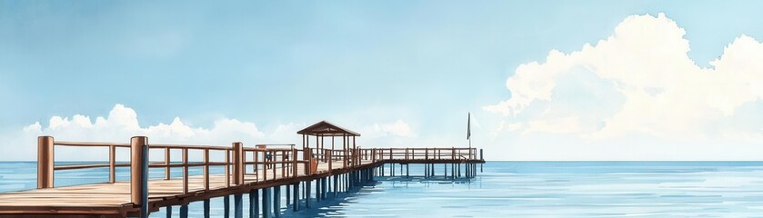 Coastal construction, connecting dock structures, seaside view, watercolor style