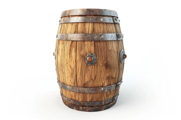 Wooden barrel with iron rings on white background.