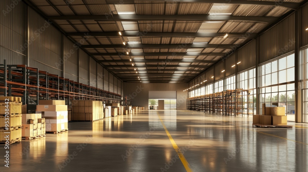 Poster spacious empty warehouse with large windows and pallets of boxes