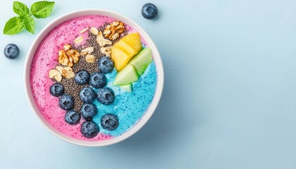 Vibrant smoothie bowl topped with fresh fruits, nuts, and seeds, ideal for healthy eating and wellness lifestyles.