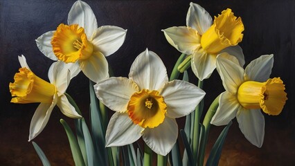 Fototapeta premium Beautiful daffodil flower painting on dark background