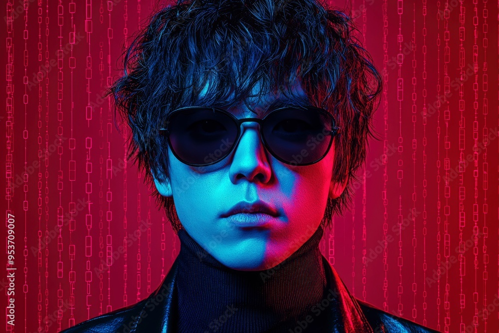 Poster a person in sunglasses against a binary code background