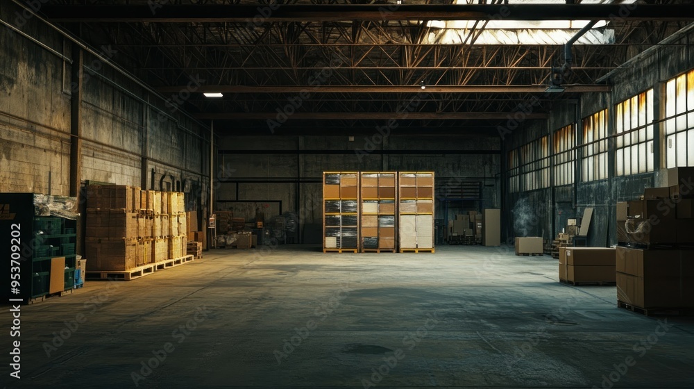 Poster large empty warehouse with cardboard boxes and a metal frame ceiling