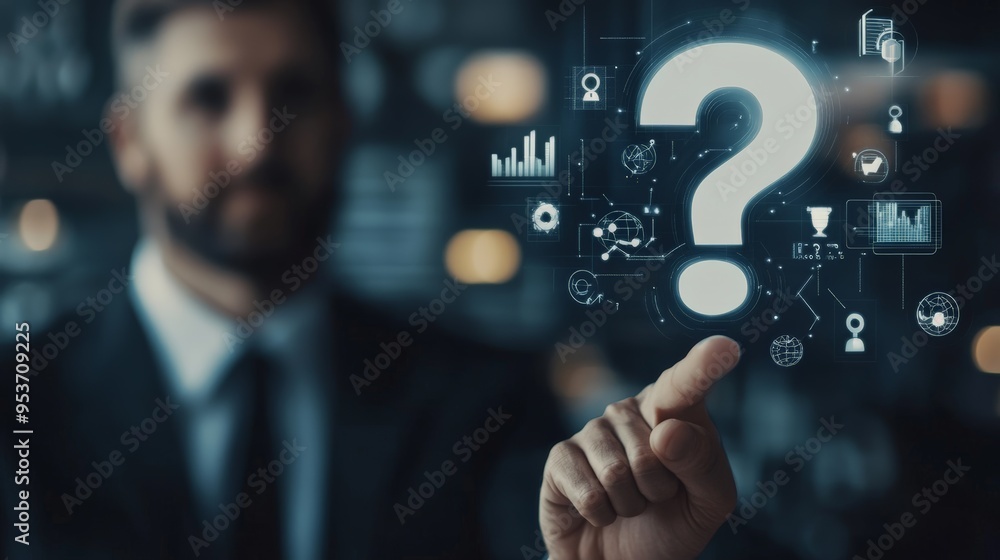 Poster businessman interacting with a digital question mark on a futuristic interface. concept of inquiry, 