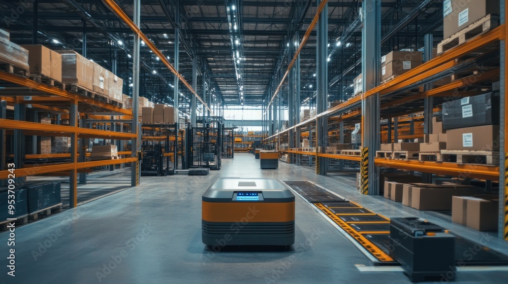 Poster autonomous robot in modern warehouse with shelving and boxes