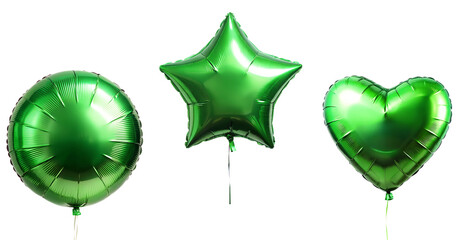 Set of realistic green heart, round and star shapes foil balloons isolated on cutout PNG. Helium green heart balloons clipart for anniversary, birthday, wedding, Christmas, card party.