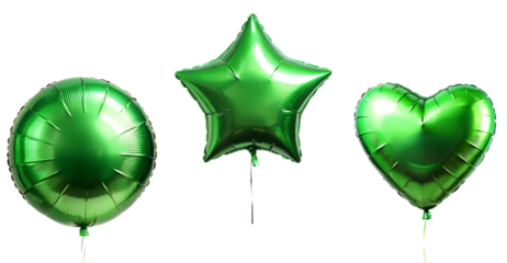 Set of realistic green heart, round and star shapes foil balloons isolated on cutout PNG. Helium green heart balloons clipart for anniversary, birthday, wedding, Christmas, card party.