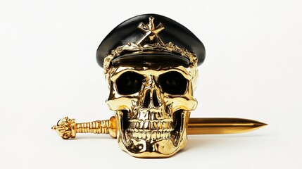 Fototapeta premium Gold Skull with Hat and Sword: A Detailed Illustration Featuring a Gleaming Gold Skull Adorned with a Hat and a Sword Positioned Behind It, Set Against a White Background.